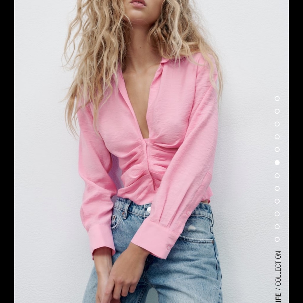 NWT Zara Fluid Ruched Shirt in Bubble Gum Sz M
